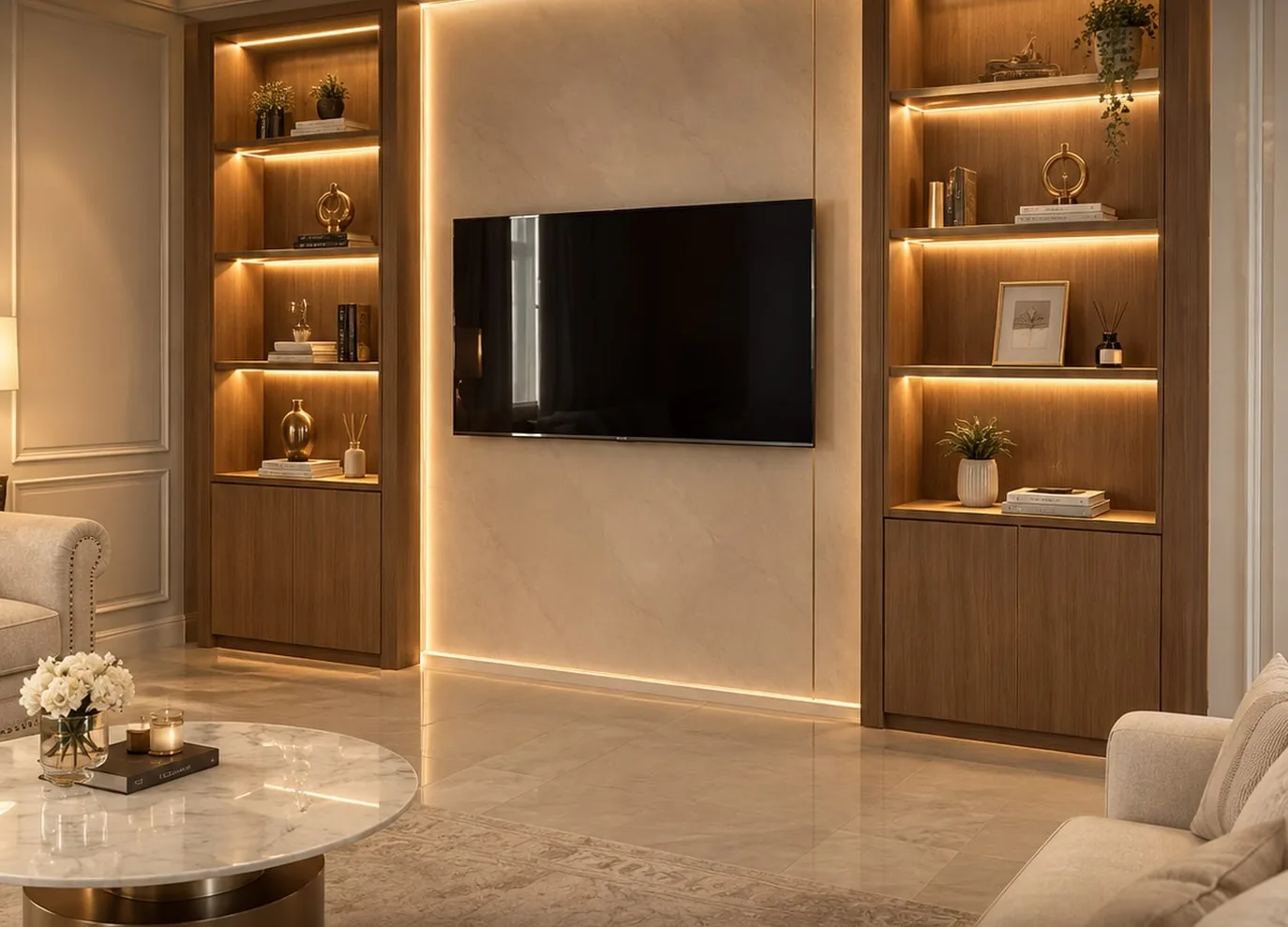 Bedroom wall with lit oak shelving on both sides of a backlit TV panel