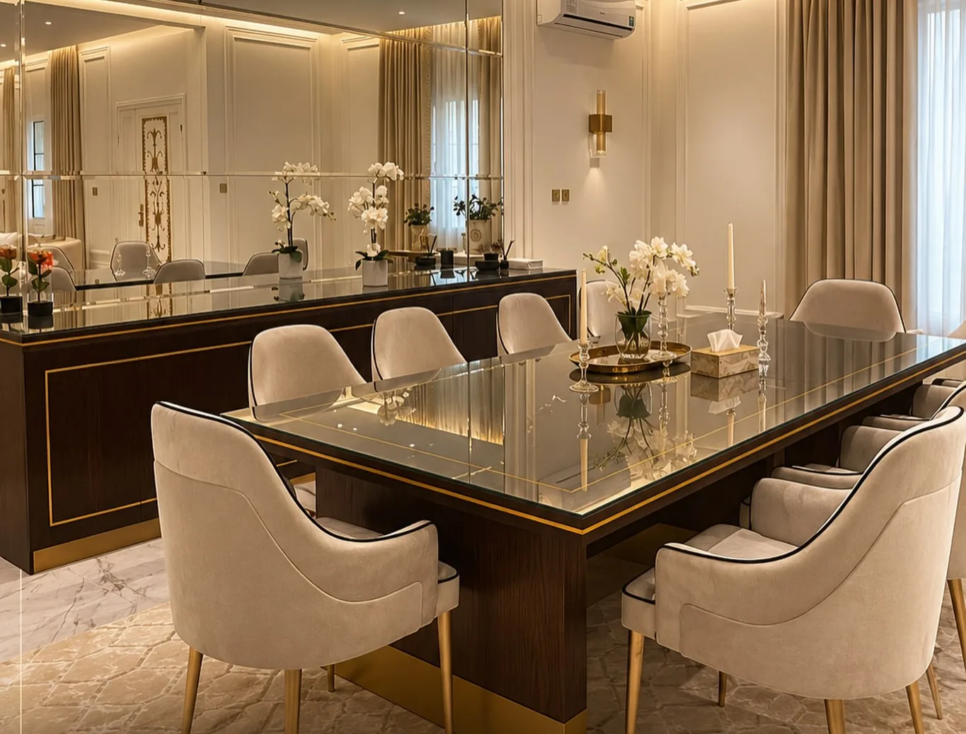 Dining room with a mirrored wall, walnut sideboard and a glass dining table