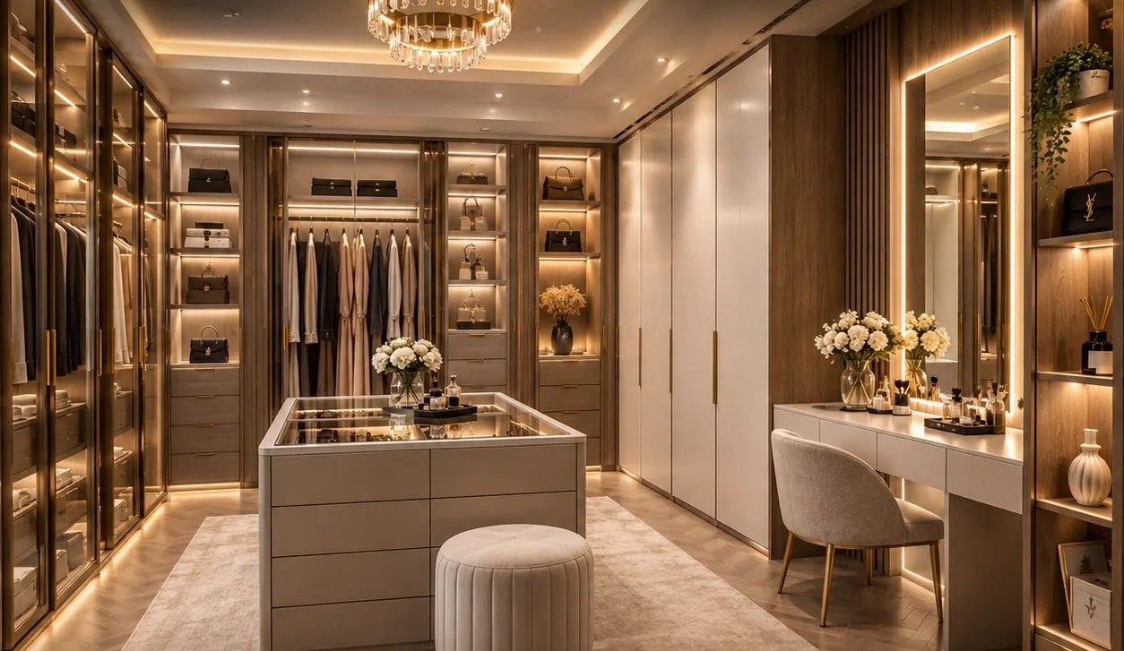 Dressing room with glass-front wardrobes, a central jewellery island and a backlit vanity mirror