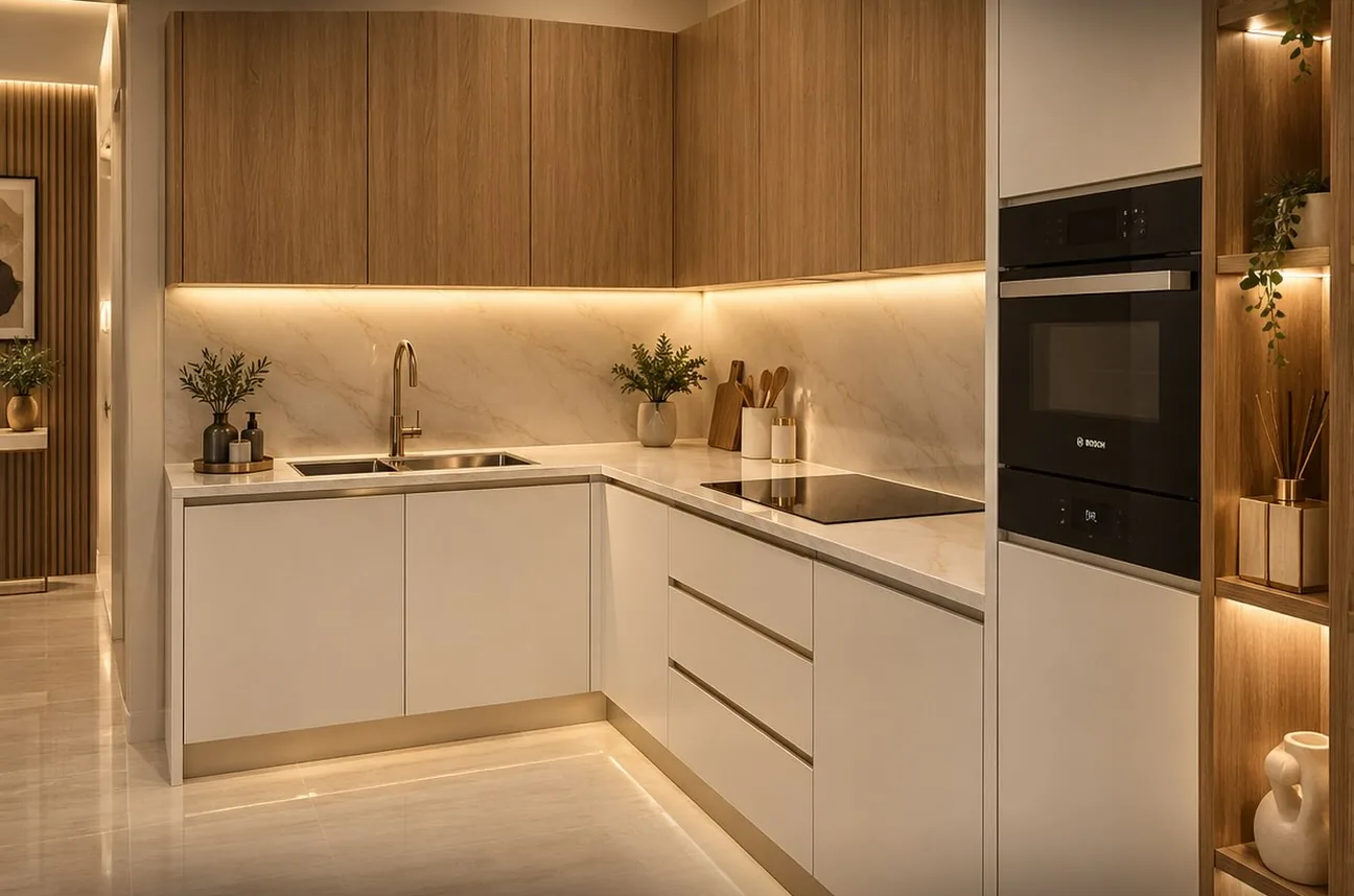 Kitchen with oak-veneer upper cabinets, white handleless base units and a built-in oven column